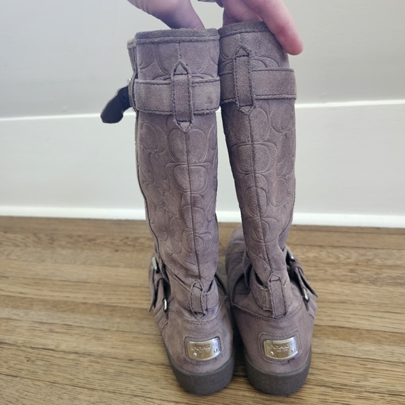 Coach Thelma faux fur winter boots taupe suede logo embossed mid calf size 7 - Picture 11 of 14